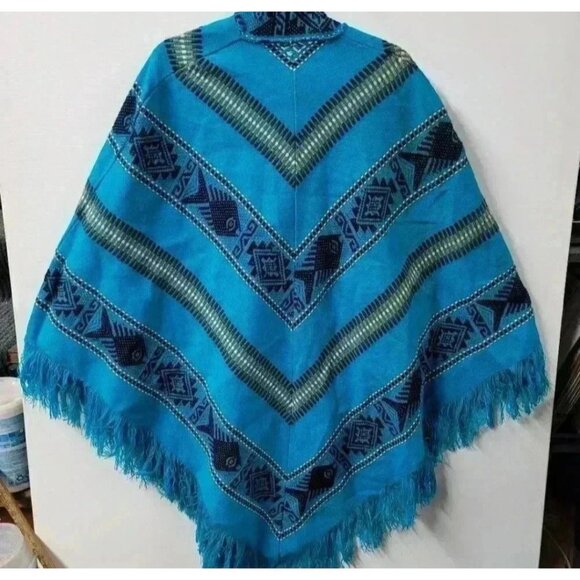 World Beat Hand Woven Blue Southwestern Wool Shaw Boho Geometric OS - Picture 2 of 7